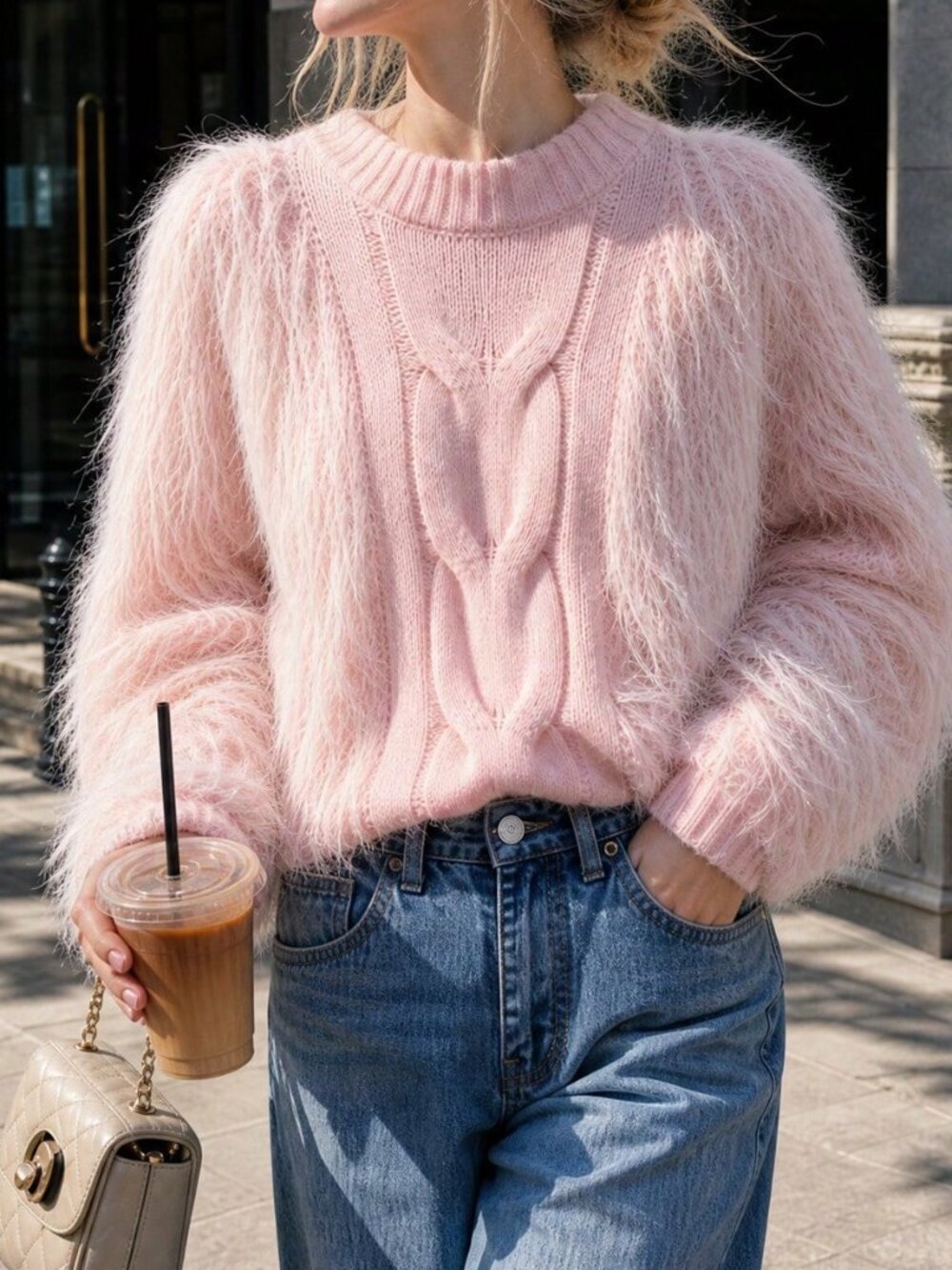Pink Casual Women's Stand Collar Fuzzy Trim Long Sleeve Sweater